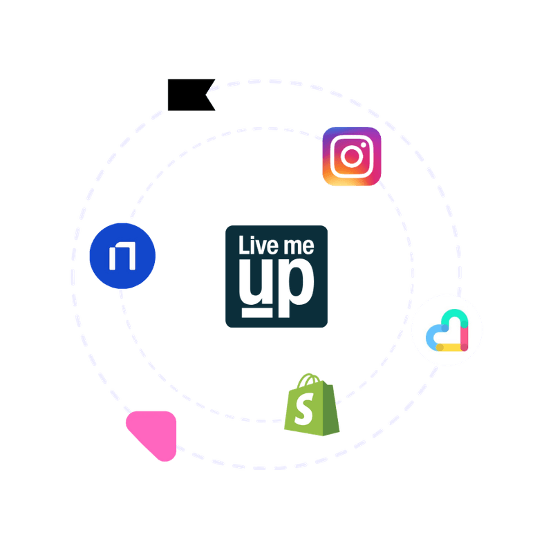 LiveMeUp logo surrounded by various social media and e-commerce app icons