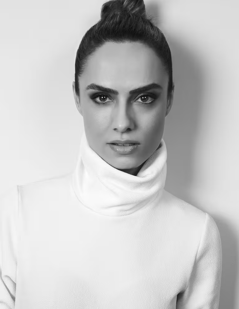 A black and white portrait of Patricia Bonaldi