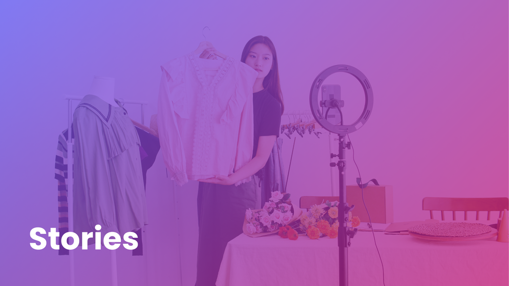 Woman livestreaming fashion with ring light and clothes for LiveMeUp app